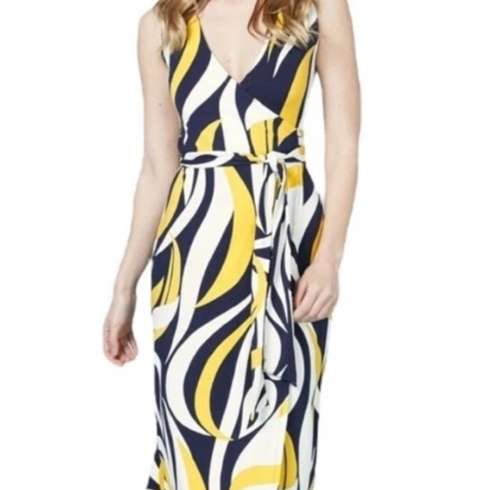 Boden Yellow and Blue Swirl Sleeveless Maxi Wrap Dress size 8R